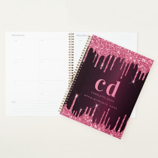 Bourgogne roze glitter druppels monogram 2026 planner (Display)