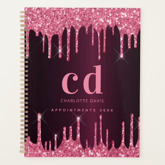 Bourgogne roze glitter druppels monogram 2026 planner (Voorkant)