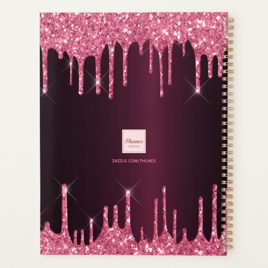 Bourgogne roze glitter druppels monogram 2026 planner (Achterkant)