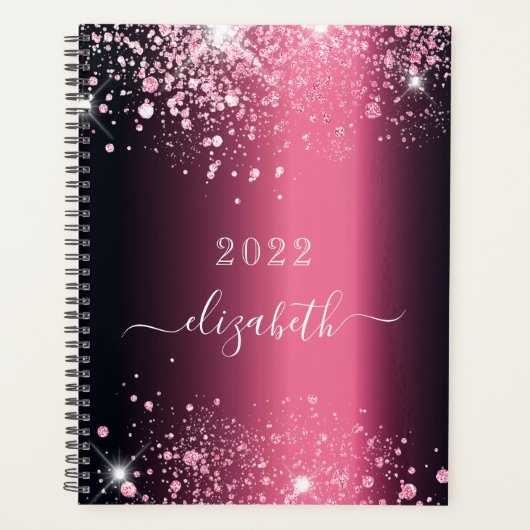 Bourgogne roze glitter stof monogram script planner (Voorkant)