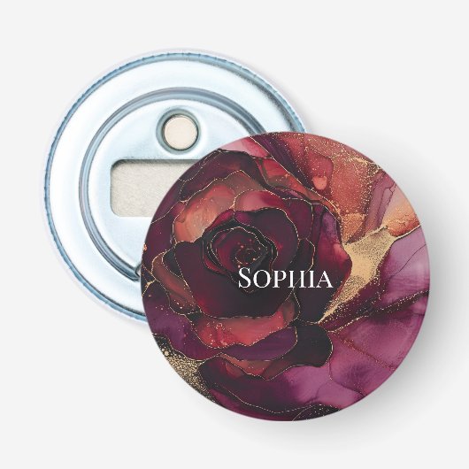 Bourgogne Roze Gouden Bloem Button Flesopener (Voorkant)