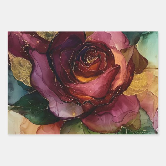 Bourgogne Roze Gouden Bloem Inpakpapier Vel (Voorkant 3)