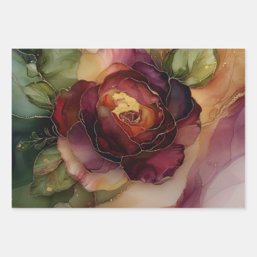 Bourgogne Roze Gouden Bloem Inpakpapier Vel (Voorkant 2)