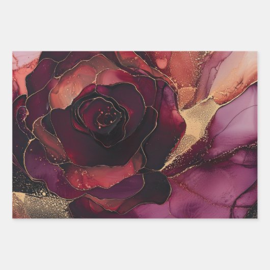 Bourgogne Roze Gouden Bloem Inpakpapier Vel (Voorkant)