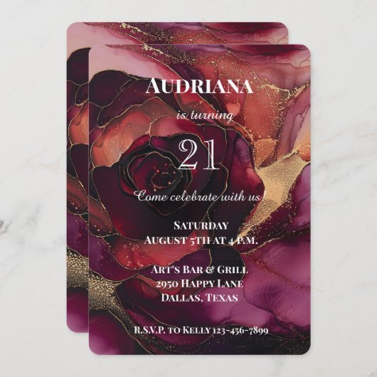 Bourgogne Roze Gouden Bloemen Verjaardag Kaart (Voorkant / Achterkant)