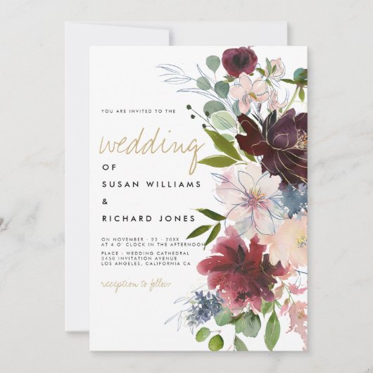 Bourgogne roze goudsbloem, witte bruiloft kaart (Voorkant)