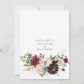 Bourgogne roze goudsbloem, witte bruiloft kaart (Achterkant)