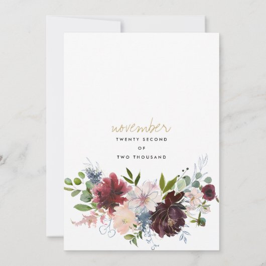 Bourgogne roze goudsbloem, witte bruiloft kaart (Achterkant)