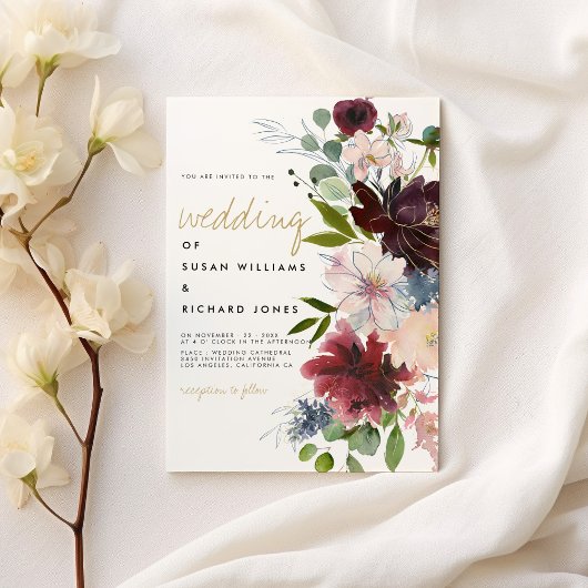 Bourgogne roze goudsbloem, witte bruiloft kaart