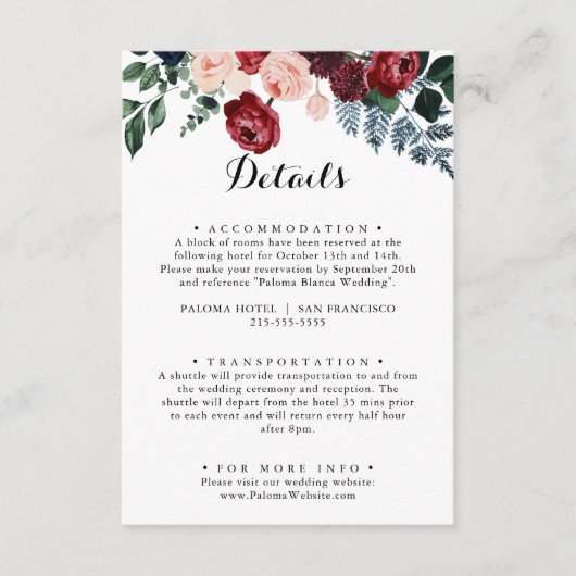 Bourgogne Roze Marine Bloemen bruiloft Details Informatiekaartje (Voorkant)
