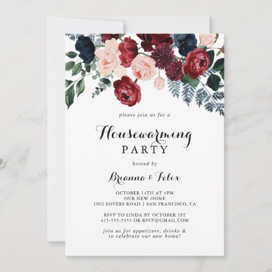 Bourgogne Roze Marine Bloemen Housewarming Party Kaart (Voorkant)