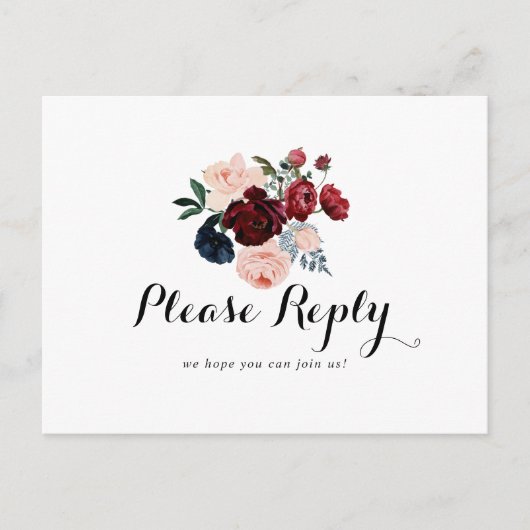 Bourgogne Roze Marine Bloemen Menu Keuze RSVP (Voorkant)