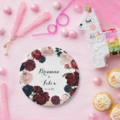 Bourgogne Roze Marine Bloemen Taart Bruiloft Papieren Bordje (Feest)