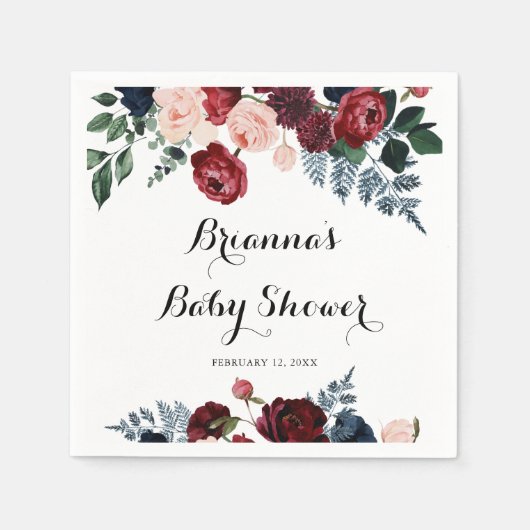 Bourgogne Roze Navy Bloemen Baby shower Servet (Voorkant)