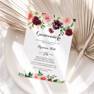 Bourgogne Roze Paarse lente Bloemen Quinceañera Kaart