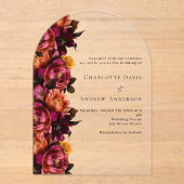 Bourgogne roze perzik bloemenboog bruiloft acryl uitnodigingen (Voorkant)