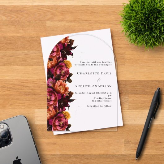 Bourgogne roze perzik bloemenboog bruiloft acryl uitnodigingen