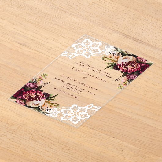 Bourgogne roze perzik bloemenkant bruiloft acryl uitnodigingen (Laagn)