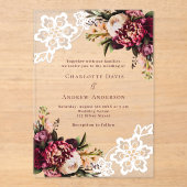 Bourgogne roze perzik bloemenkant bruiloft acryl uitnodigingen (Voorkant)