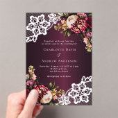 Bourgogne roze perzik bloemenkant bruiloft acryl uitnodigingen (Insitu (Draagbaar))