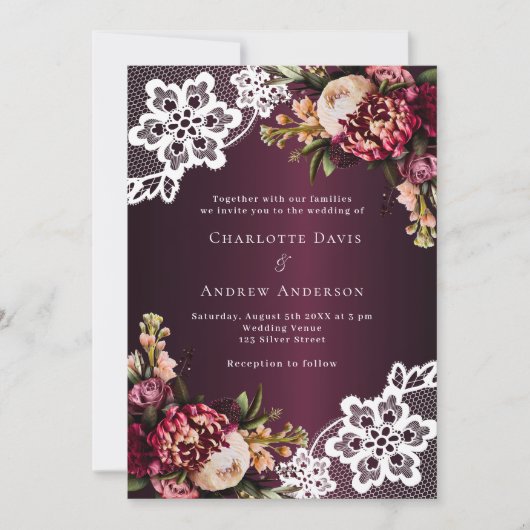 Bourgogne roze perzik bloemenkant bruiloft kaart (Voorkant)