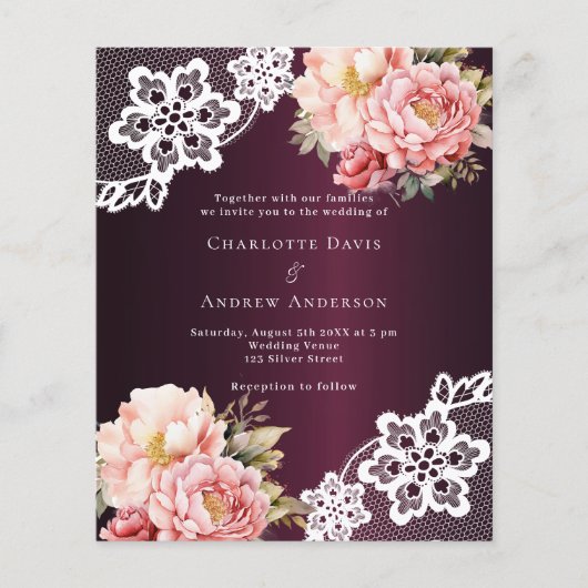 Bourgogne roze roos bloemenkant bruiloft uitnodigi (Voorkant)