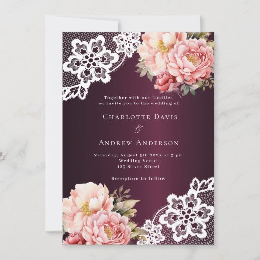 Bourgogne roze roos goud bloemenkant bruiloft kaart (Voorkant)