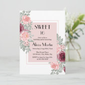 Bourgogne Roze Rose Bloem Zoet 16 Wit Verjaardag Kaart (Staand voorkant)