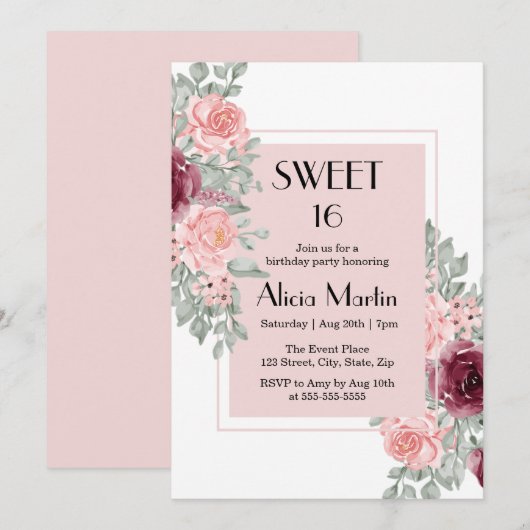 Bourgogne Roze Rose Bloem Zoet 16 Wit Verjaardag Kaart (Voorkant / Achterkant)