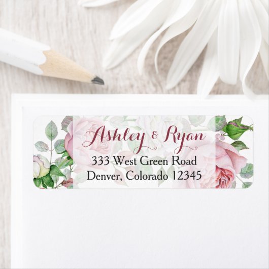 Bourgogne Roze Rose Bloemen Bruiloft Adresetikette Etiket (Insitu)