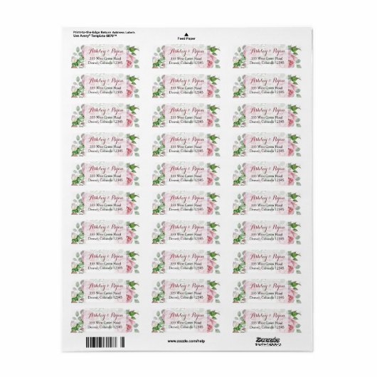 Bourgogne Roze Rose Bloemen Bruiloft Adresetikette Etiket (Full Sheet)