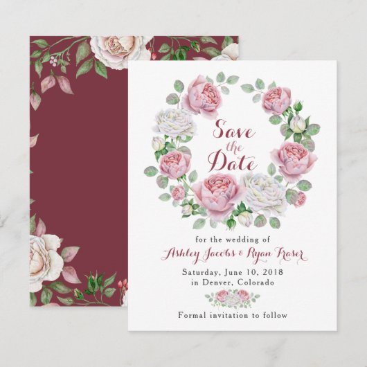 Bourgogne Roze Rose Bloemen Bruiloft Save the Date (Voorkant / Achterkant)
