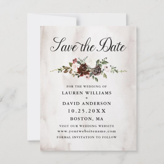 Bourgogne Roze Rose Bloemen Bruiloft Save the Date Aankondiging (Achterkant)