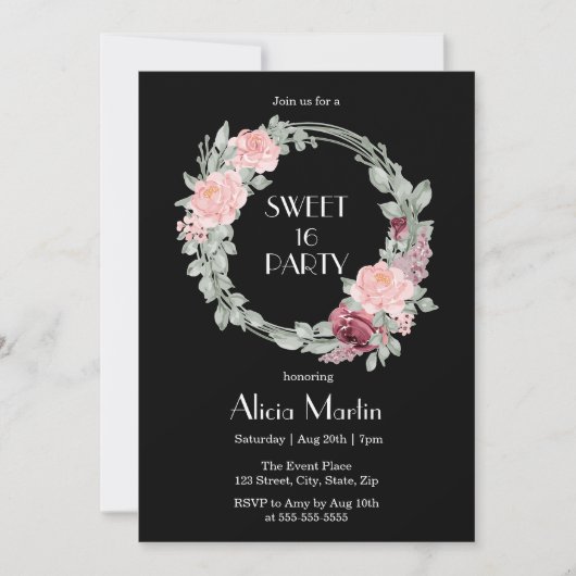 Bourgogne Roze Rose Elegant Flora Sweet 16 Verjaar Kaart (Voorkant)