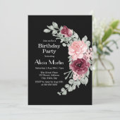 Bourgogne Roze Rose Elegant Flora Verjaardagsfeest Kaart (Staand voorkant)
