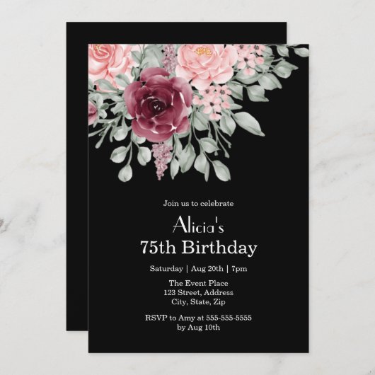 Bourgogne Roze Rose Elegante Flora 75e Verjaardag Kaart (Voorkant / Achterkant)