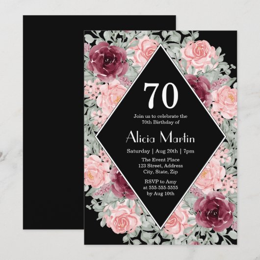 Bourgogne Roze Rose Flora Zwart 70ste verjaardag Kaart (Voorkant / Achterkant)