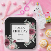 Bourgogne Roze Rose Flora Zwart Gelukkige Verjaard Papieren Bordje (Feest)