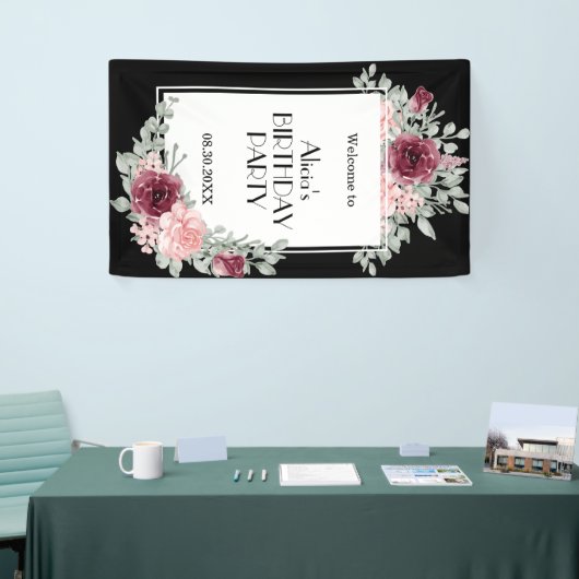Bourgogne Roze Rose Flora Zwart Gelukkige Verjaard Spandoek (Beurs)