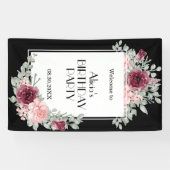 Bourgogne Roze Rose Flora Zwart Gelukkige Verjaard Spandoek (Horizontaal)