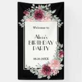 Bourgogne Roze Rose Flora Zwart Gelukkige Verjaard Spandoek (Verticaal)