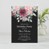 Bourgogne Roze Rose Flora Zwart Verjaardagsfeest Kaart (Staand voorkant)