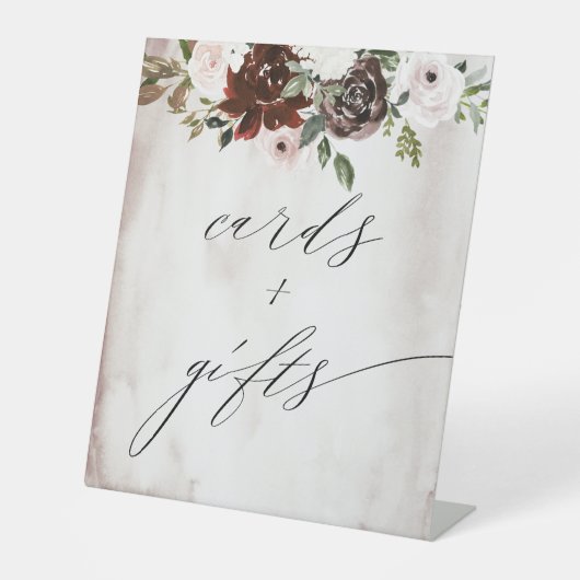 Bourgogne Roze Rose Waterverf Bloemen Kaarten Cade Reclamebord Met Voetstuk (Voorkant)