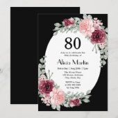 Bourgogne Roze Rozen 80ste verjaardag Black Uitnod Kaart (Voorkant / Achterkant)