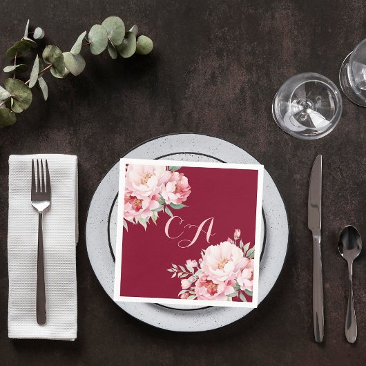 Bourgogne roze rozen bloemen monogram verjaardag servet