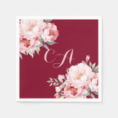 Bourgogne roze rozen bloemen monogram verjaardag servet (Voorkant)