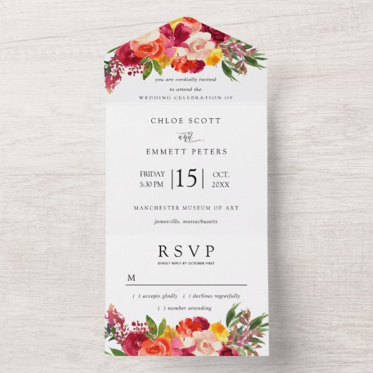 Bourgogne Roze Sinaasappel Geel Bloemen All In One Uitnodiging (Binnen)