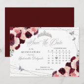 Bourgogne Roze & Zilver Quinceañera Save The Date Kaart (Voorkant / Achterkant)
