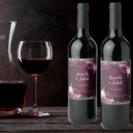 Bourgogne roze zilveren bloemen bruiloft wijn etiket