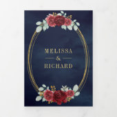 Bourgogne Rozen Alle in één QR Code Navy Weddensch Drieluik Uitnodiging (Cover)